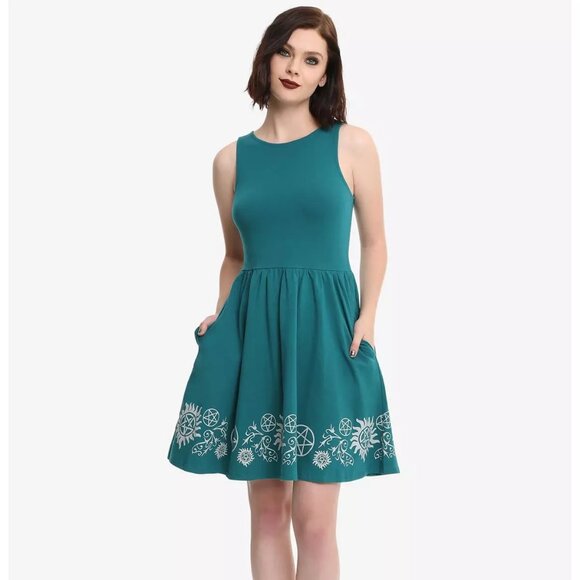 Hot Topic 'Supernatural' Mini Dress Women's Medium Gray Symbols in Teal - Picture 1 of 8